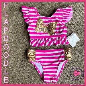 NWT - FLAPDOODLE Pink, White and Gold Striped Butterfly Swimsuit Sz 2T
